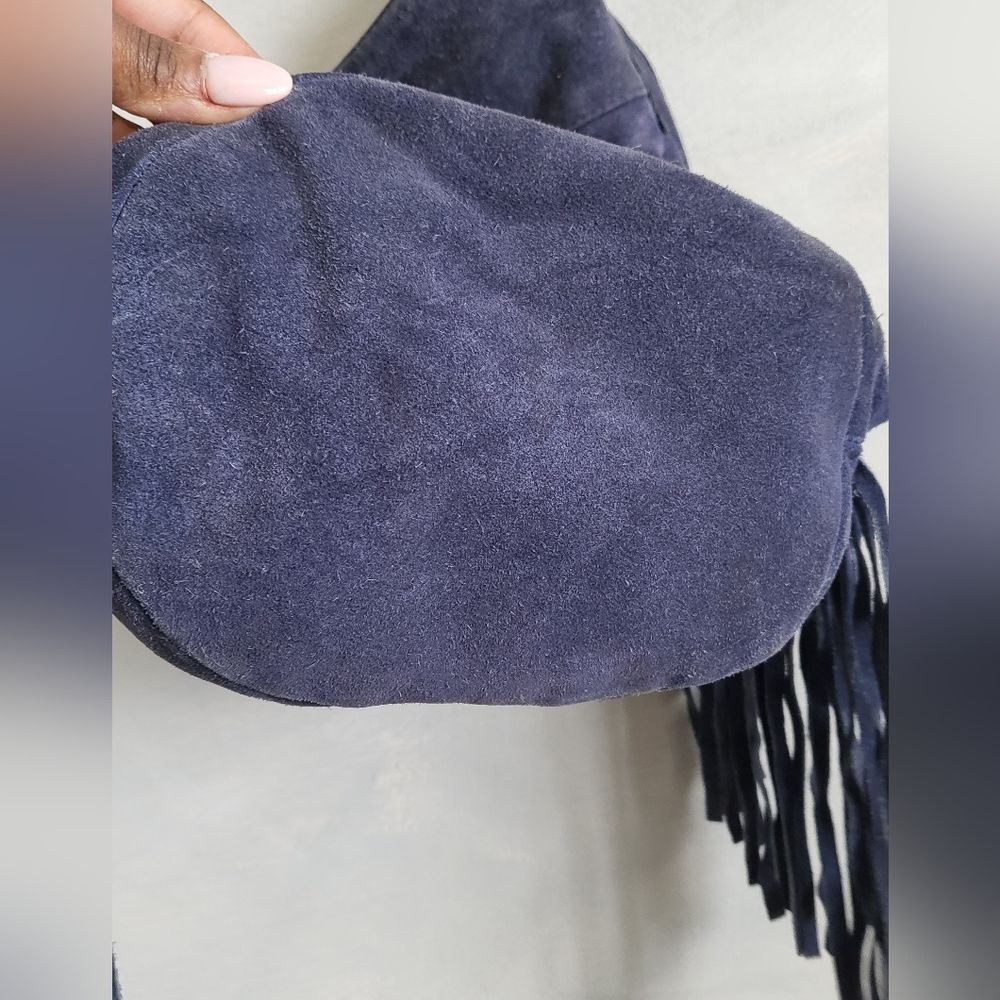 Ecote Blue Suede Side Fringe Cow Leather Bucket Sling Bag - Picture 10 of 15